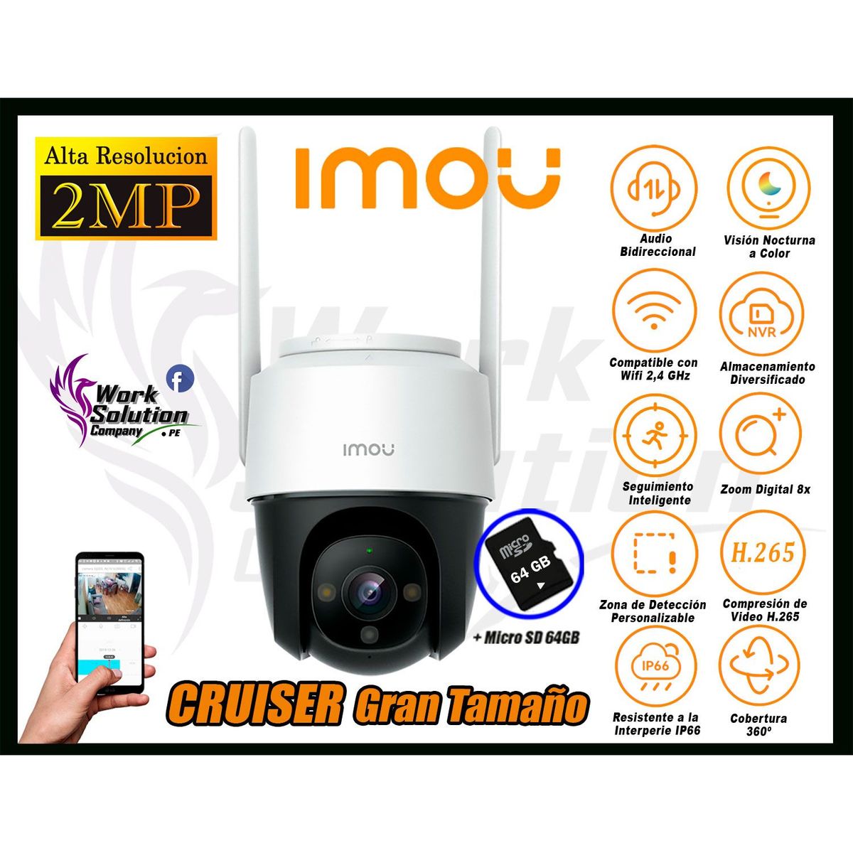 IMOU - Cámara de Seguridad Wi-Fi CRUISER 2MP 360º Gran Tamaño + SD 64GB