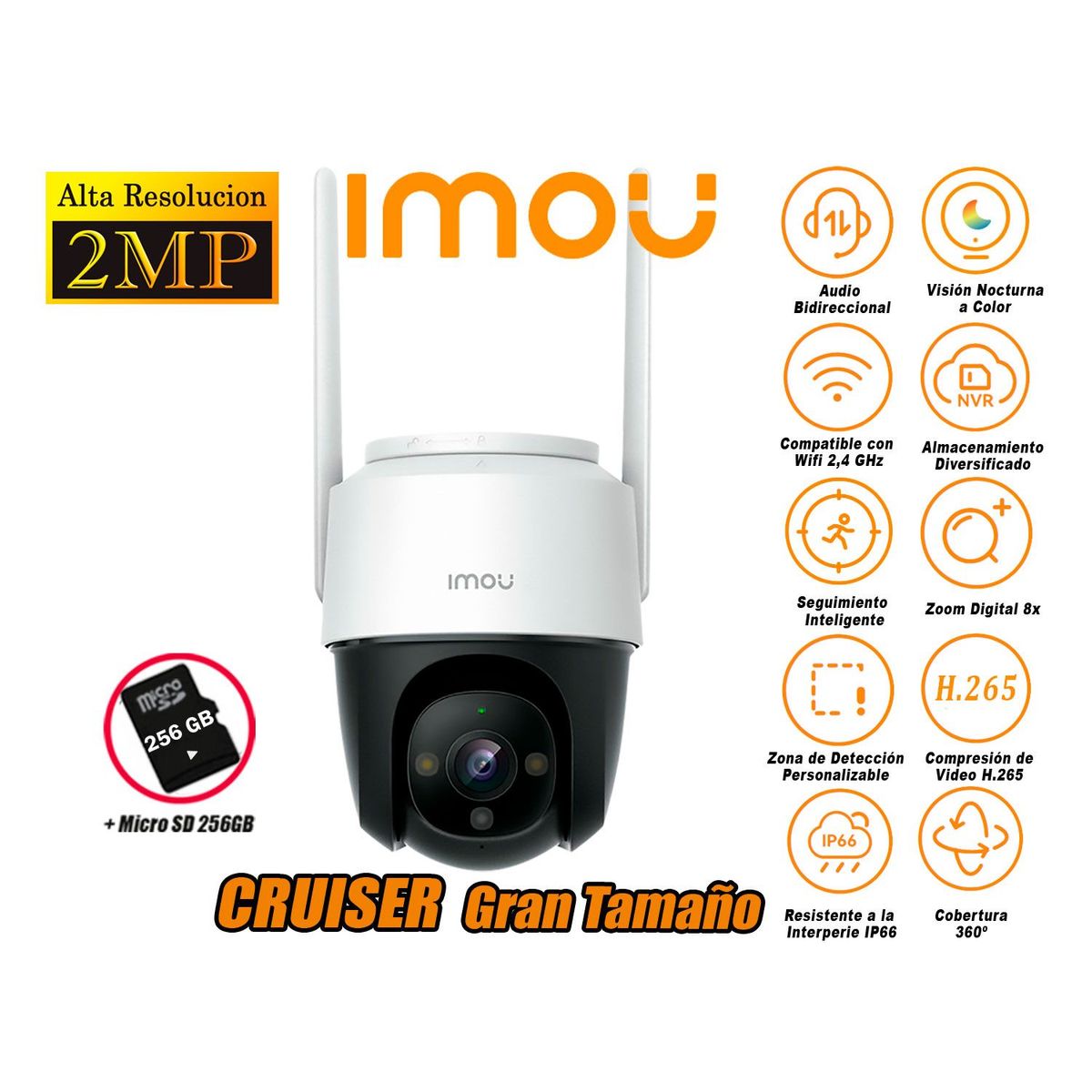 IMOU - Cámara de Seguridad Wi-Fi CRUISER 2MP 360º Gran Tamaño + SD 256GB