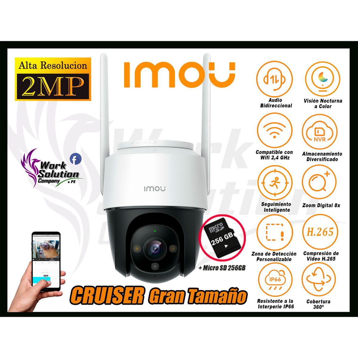 IMOU - Cámara de Seguridad Wi-Fi CRUISER 2MP 360º Gran Tamaño + SD 256GB