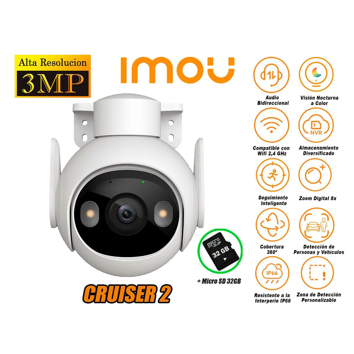 IMOU - Cámara de Seguridad Wi-Fi CRUISER 2 3MP 360º Noche Color + SD 32GB