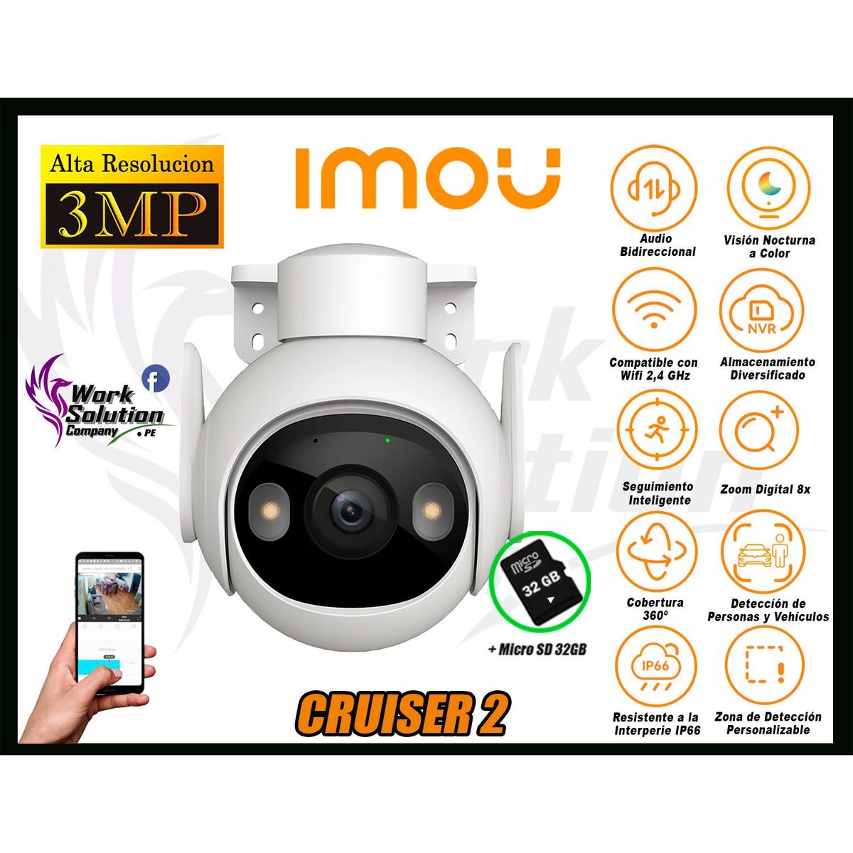 IMOU - Cámara de Seguridad Wi-Fi CRUISER 2 3MP 360º Noche Color + SD 32GB