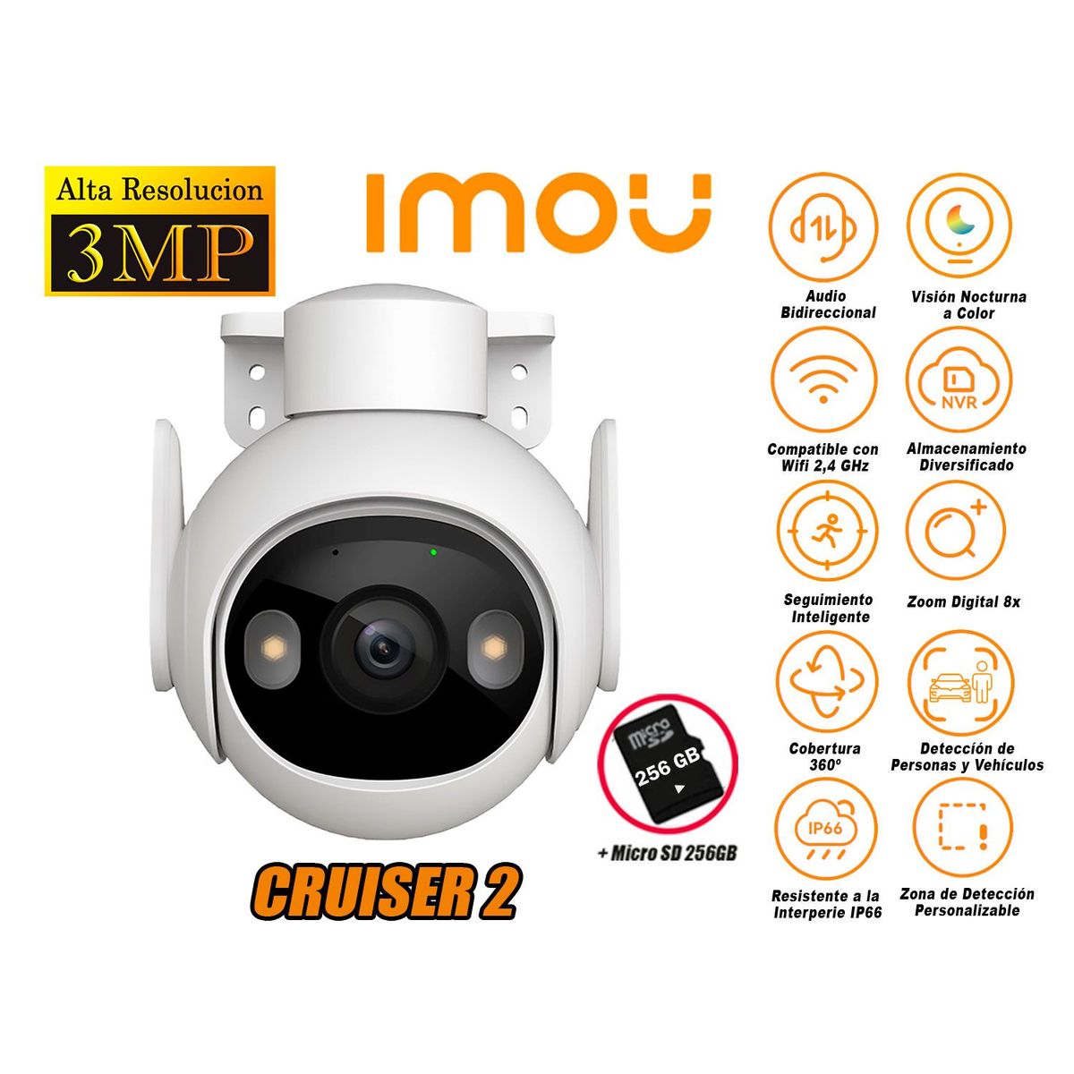 IMOU - Cámara de Seguridad Wi-Fi CRUISER 2 3MP 360º Noche Color + SD 256GB