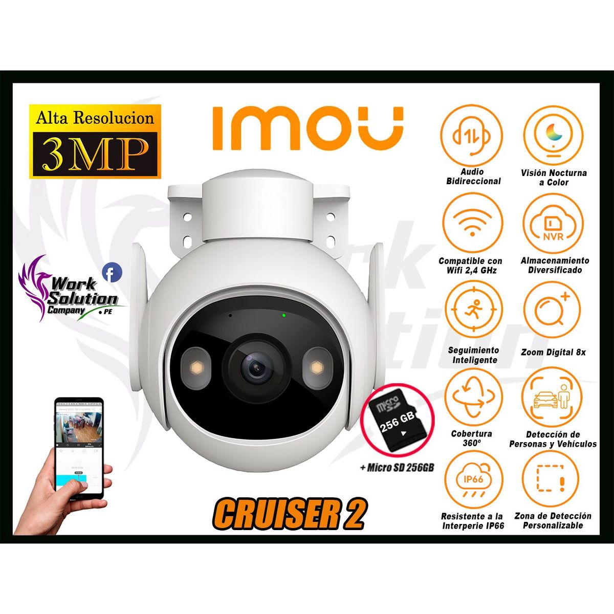 IMOU - Cámara de Seguridad Wi-Fi CRUISER 2 3MP 360º Noche Color + SD 256GB