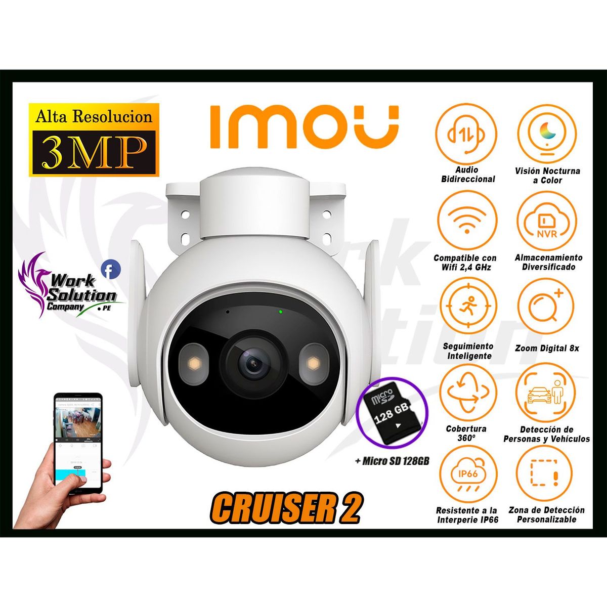 IMOU - Cámara de Seguridad Wi-Fi CRUISER 2 3MP 360º Noche Color + SD 128GB