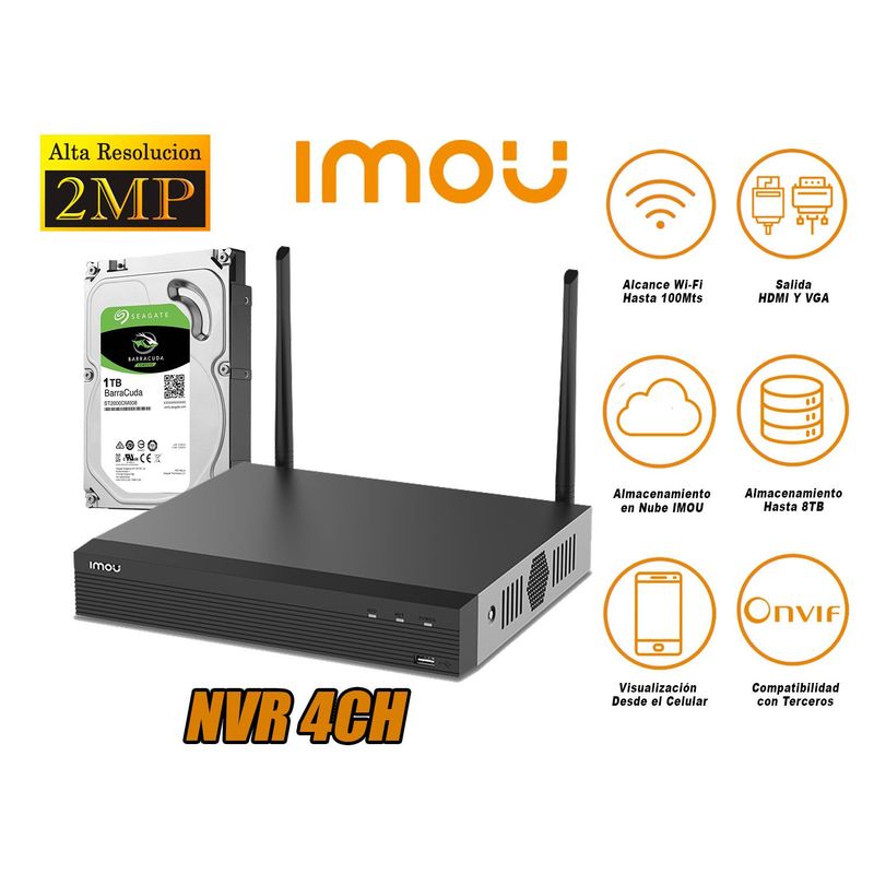 IMOU - Nvr 4Ch Grabador De Video Wifi Doble Antena 2Mp Onvif Disco 1TB