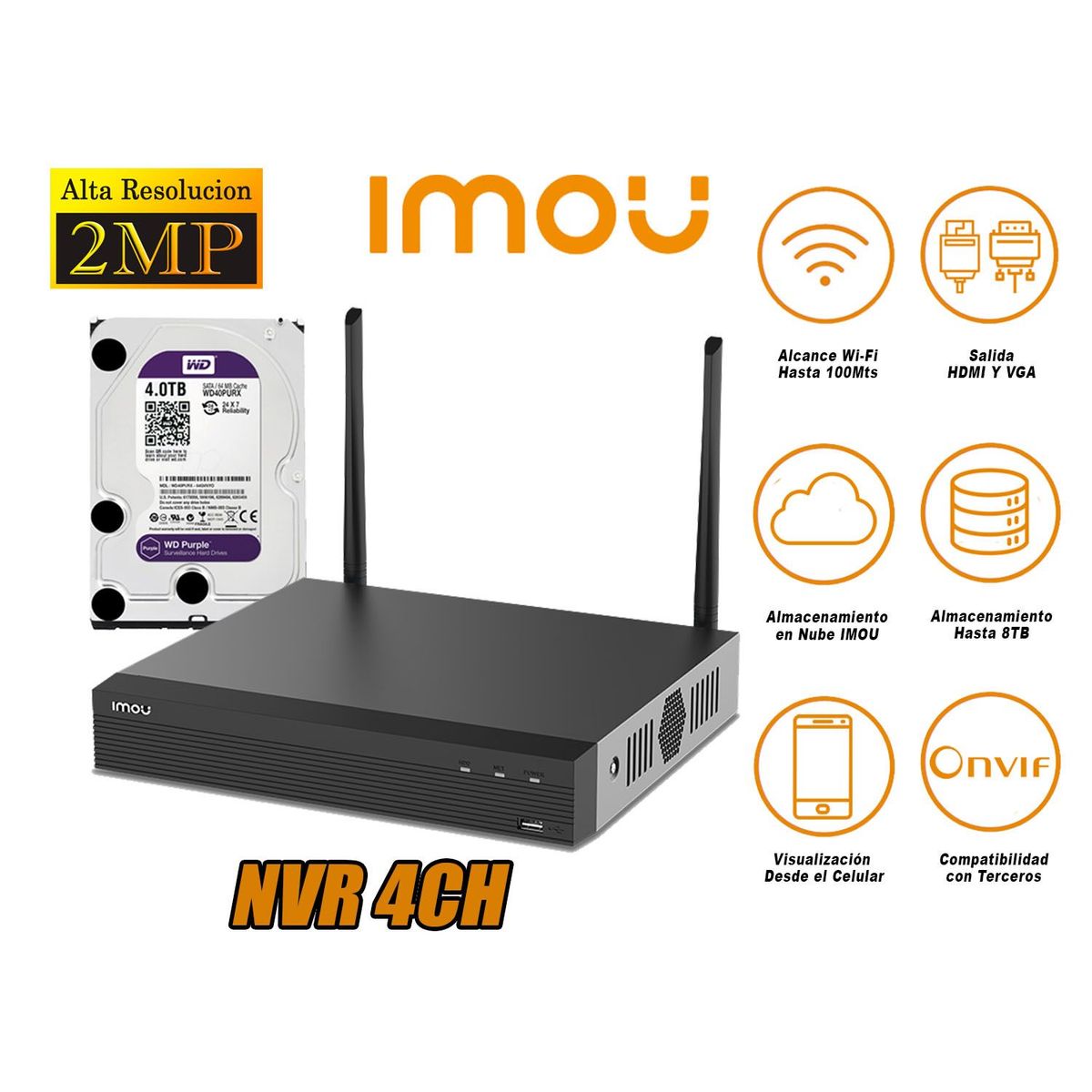 IMOU - Nvr 4Ch Grabador De Video Wifi Doble Antena 2Mp Onvif Disco 4TB