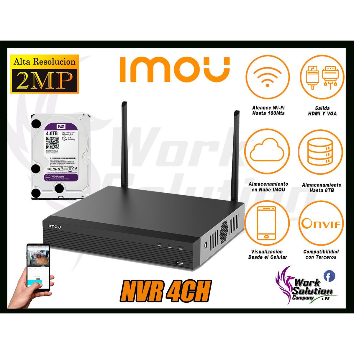 IMOU - Nvr 4Ch Grabador De Video Wifi Doble Antena 2Mp Onvif Disco 4TB