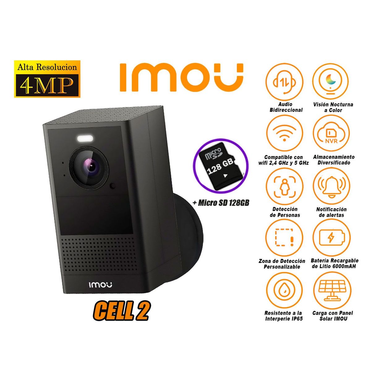 IMOU - Cámara Seguridad Wi-Fi Inalámbrico CELL 2 4MP Batería + SD 128GB