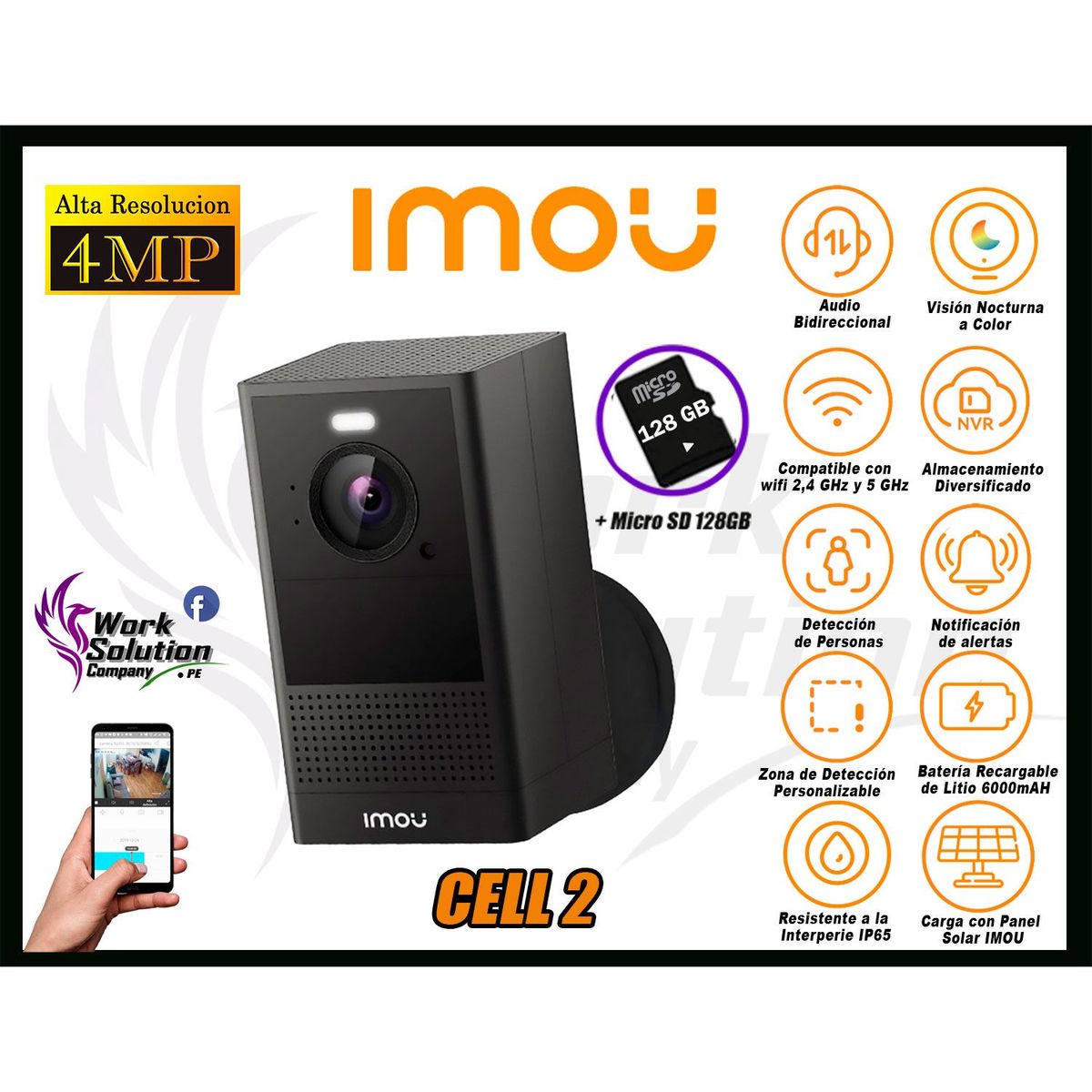 IMOU - Cámara Seguridad Wi-Fi Inalámbrico CELL 2 4MP Batería + SD 128GB