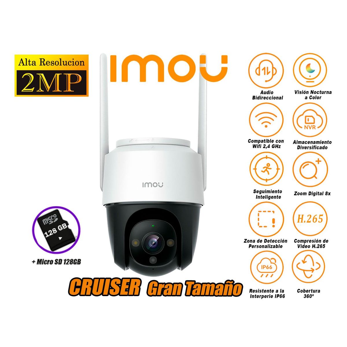 IMOU - Cámara de Seguridad Wi-Fi CRUISER 2MP 360º Gran Tamaño + SD 128GB