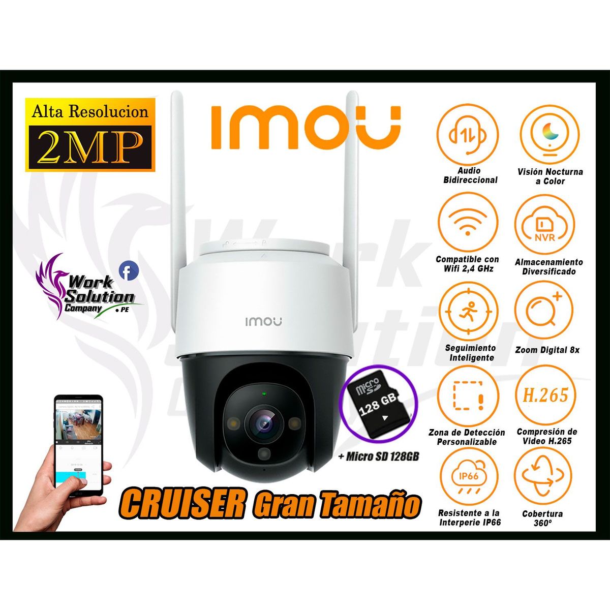 IMOU - Cámara de Seguridad Wi-Fi CRUISER 2MP 360º Gran Tamaño + SD 128GB
