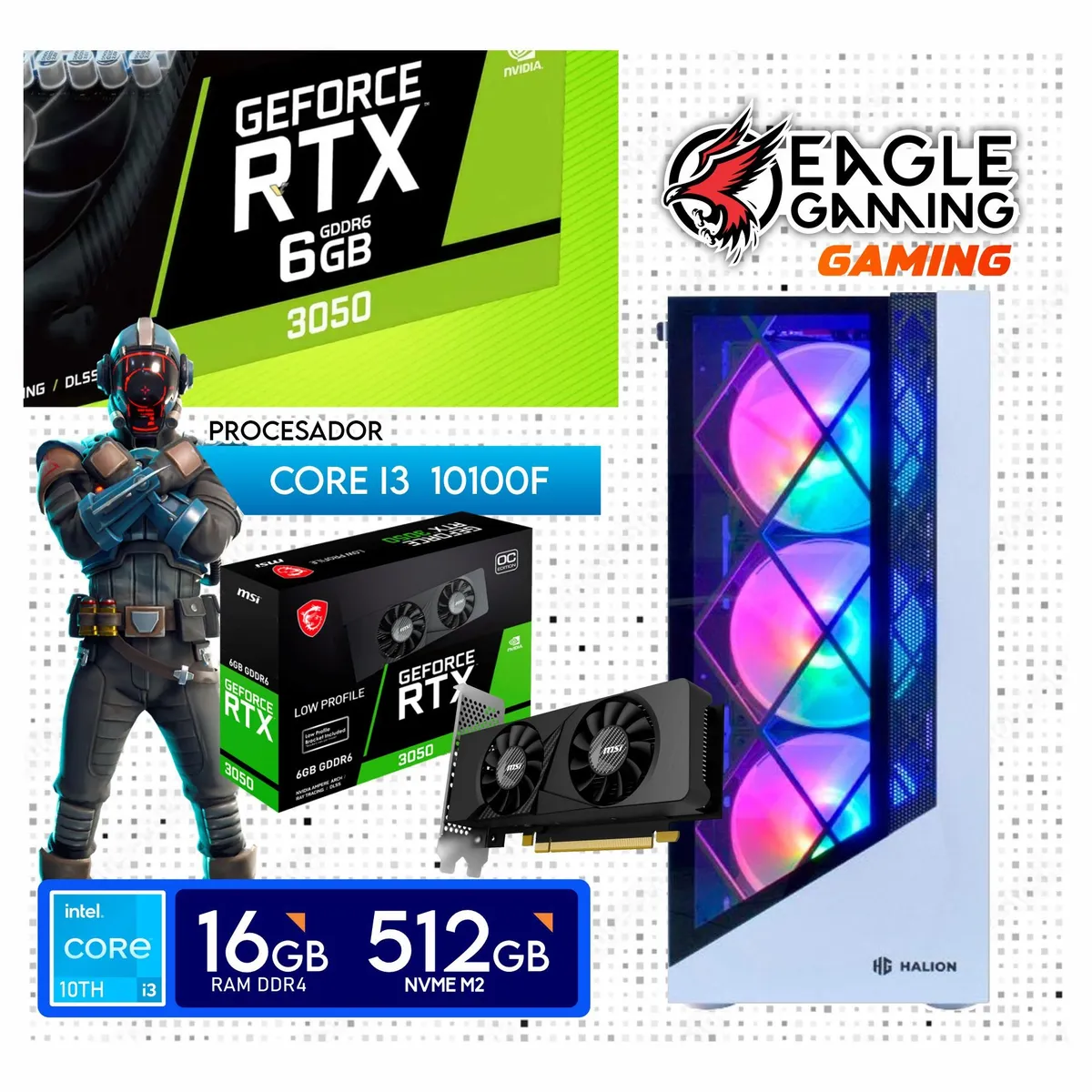 INTEL - Computadora PC Gamer Core i3 10TH RAM16GB  SSD500GB  RTX 3050  6GB
