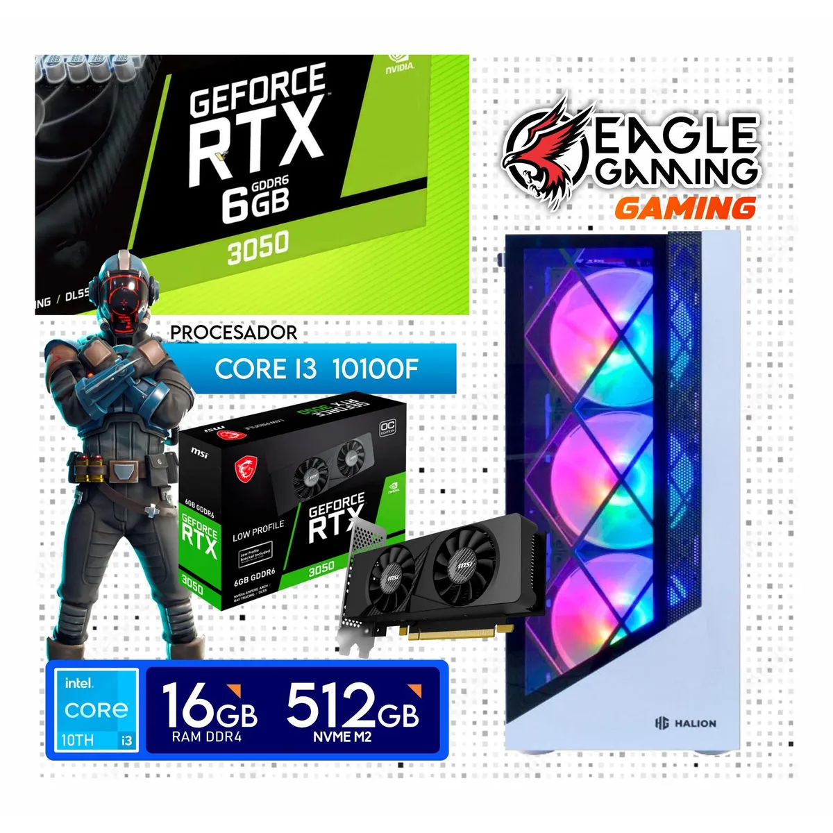 INTEL - Computadora PC Gamer Core i3 10TH RAM16GB  SSD500GB  RTX 3050  6GB