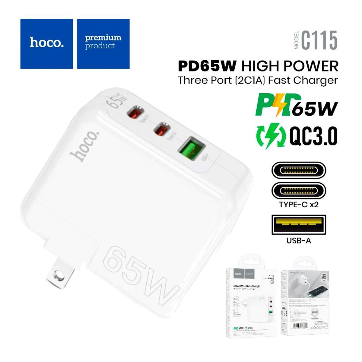 HOCO - Cargador de Celular Laptop MacBook PD 65W 3 Puertos Salida