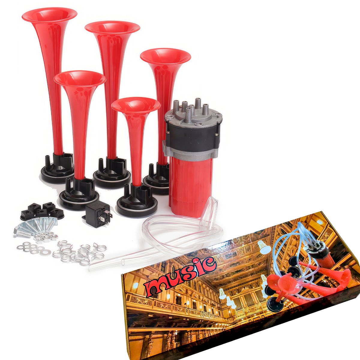 GENERICO - Claxon La Cucaracha 5 Cornetas Musical 110 – 125 dB 12V Rojo