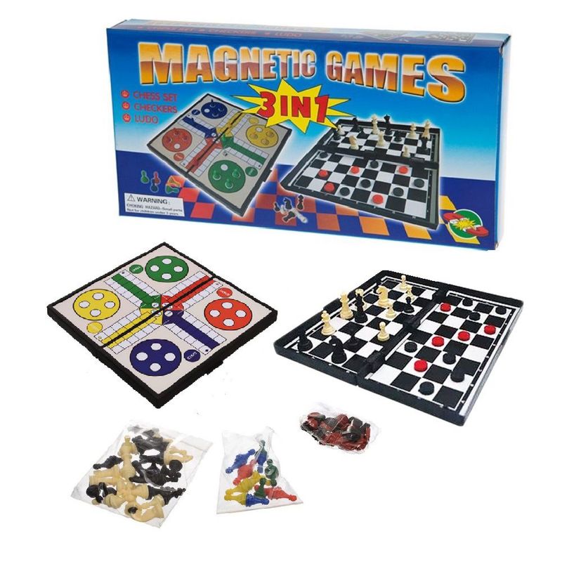 GENERICO - Tablero 3 en 1 Ajedrez Dama Ludo Imantado Azul