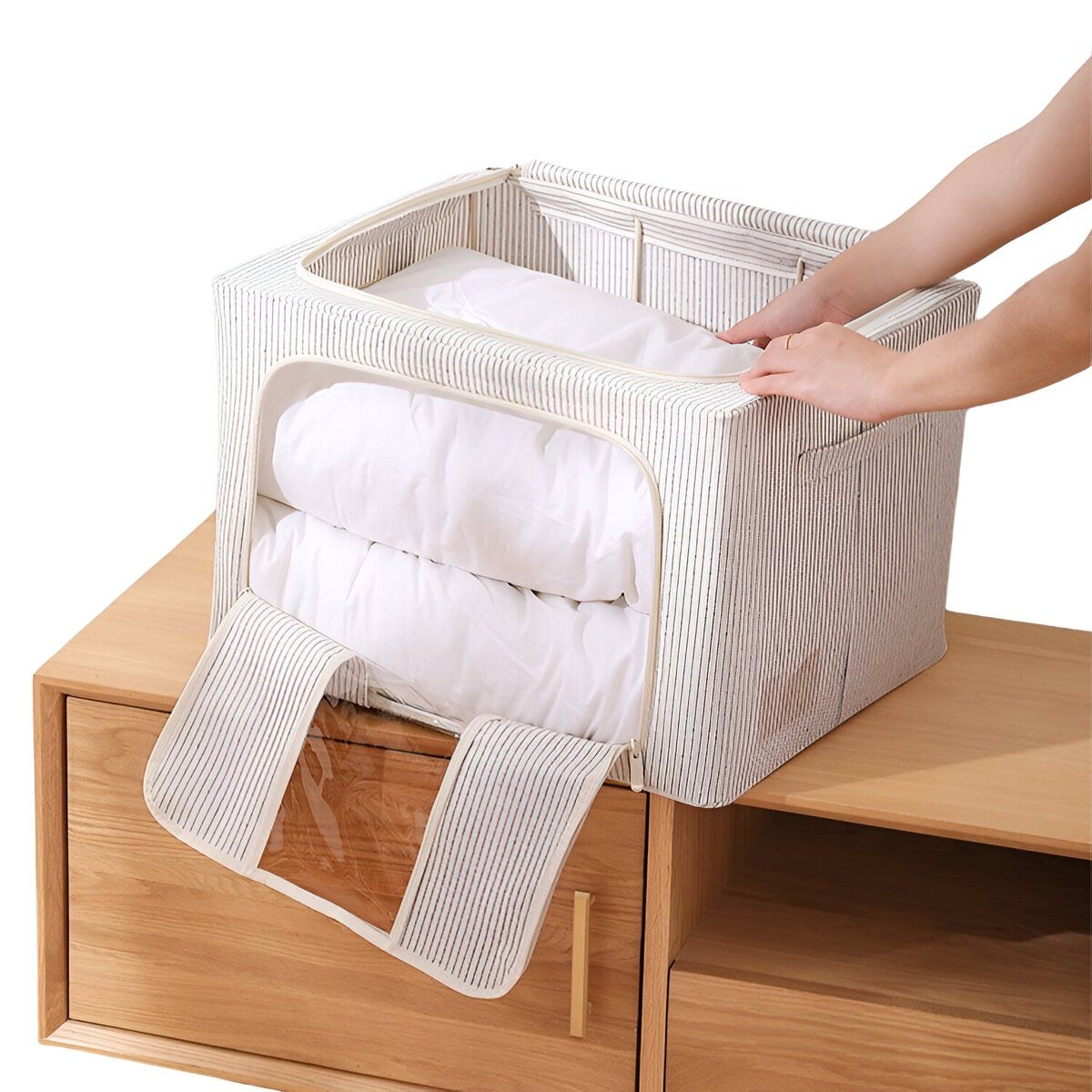 ELMEJORPRECIO - Cesta De Almacenamiento Plegable Para Sabanas Rayada Beige