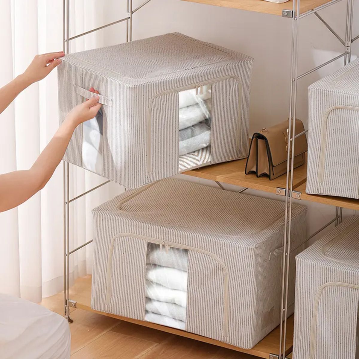 ELMEJORPRECIO - Cesta De Almacenamiento Plegable Para Sabanas Rayada Beige