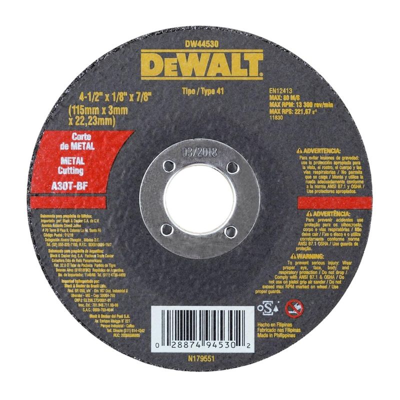 DEWALT - Disco Abrasivo de Corte para Metal 4 1/2"x1/8" Dewalt DW44530