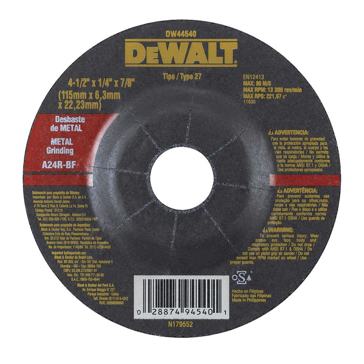 DEWALT - Disco Abrasivo 4 1/2" (115 mm) para Desbaste de Metal Dewalt DW44540