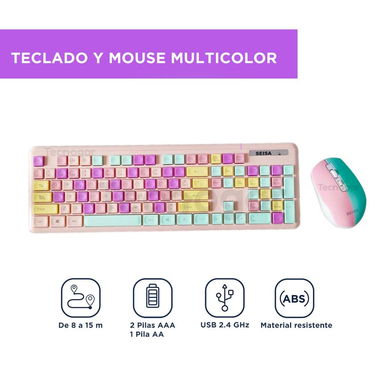 SEISA - Kit Teclado y Mouse Inalámbrico Rosado Multicolor para PC DN-C400