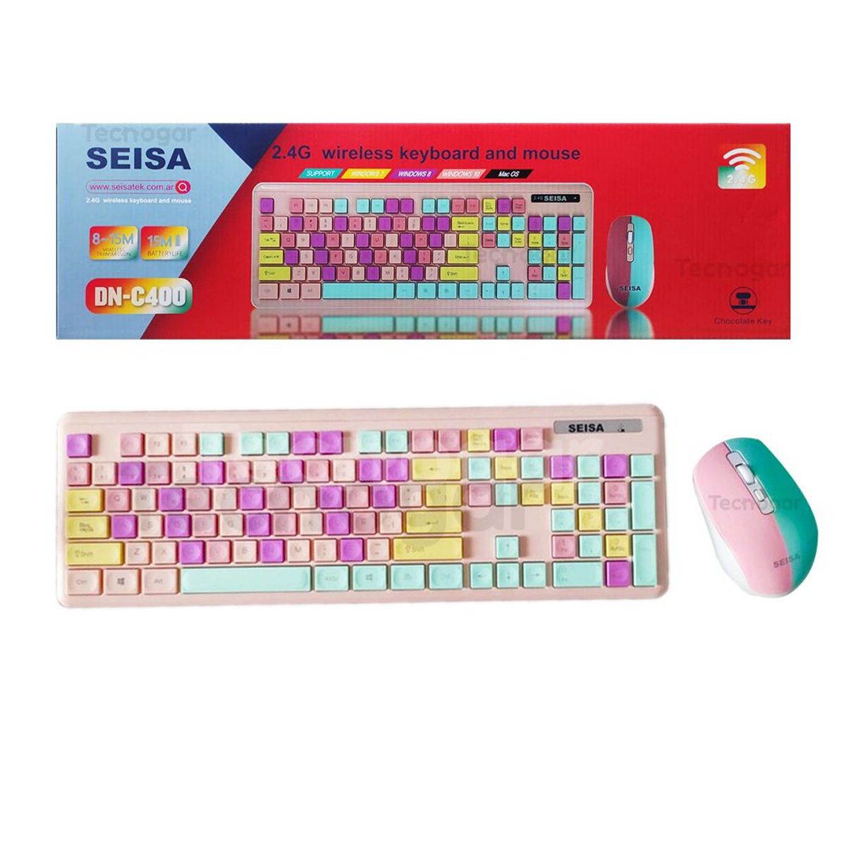 SEISA - Kit Teclado y Mouse Inalámbrico Rosado Multicolor para PC DN-C400