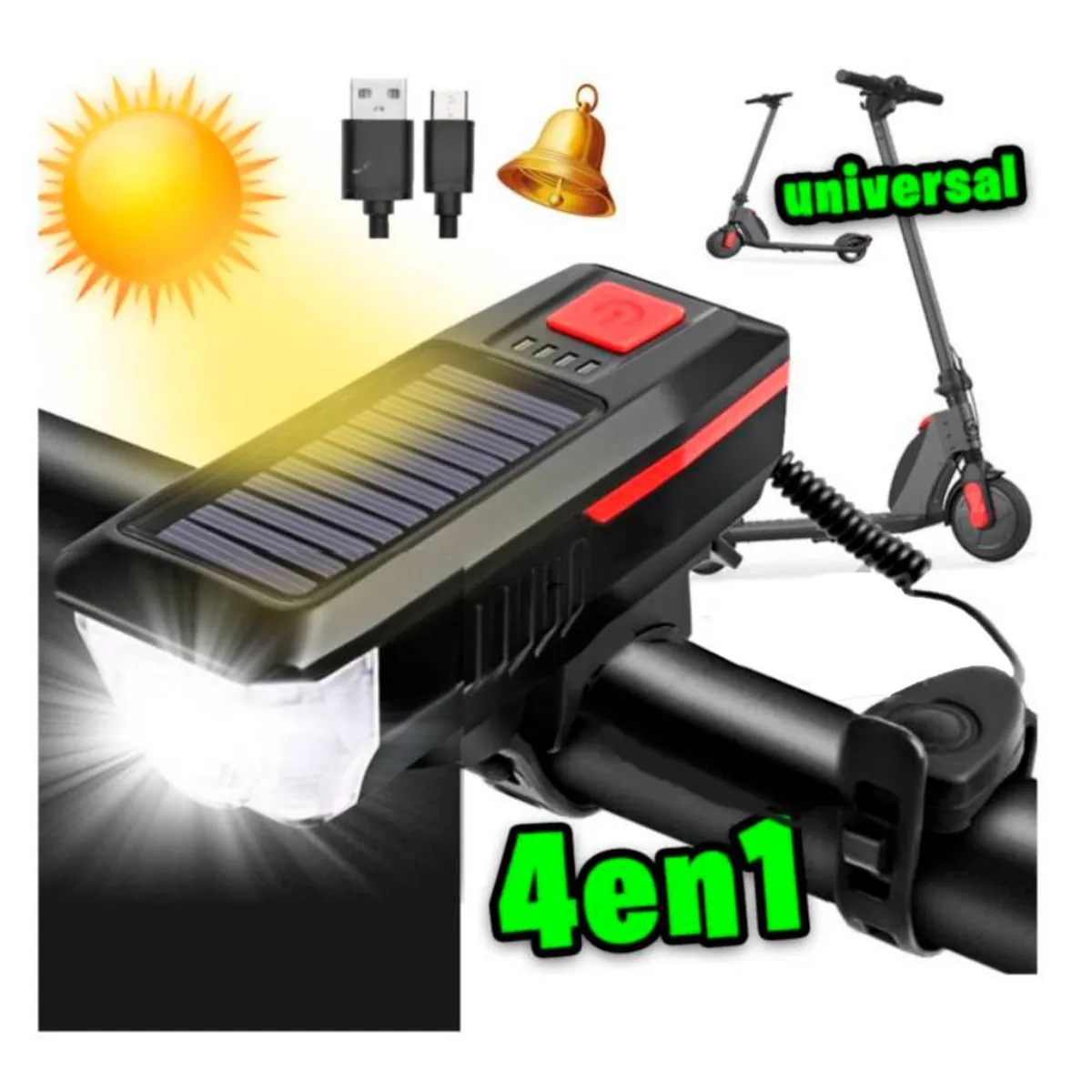 GENERICO - Linterna Bicicleta Scooter Moto Timbre Solar Recargable