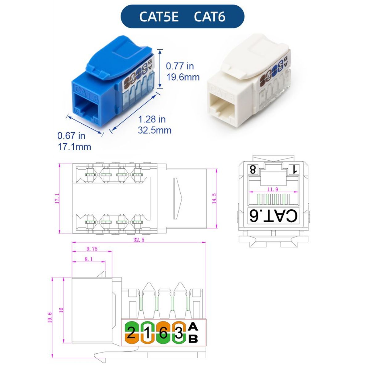 OEM - Jack Keystone RJ45 CAT6 CAT6A CAT5E Conector Modular UTP - AZUL
