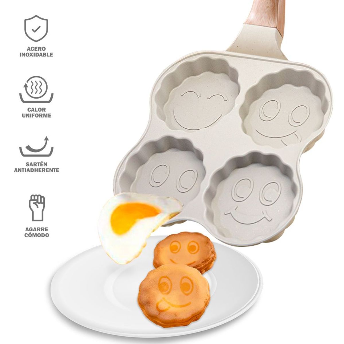 KELLER - Sartén Antiadherente 4 Divisiones con Diseños Kawaii G02 Crema