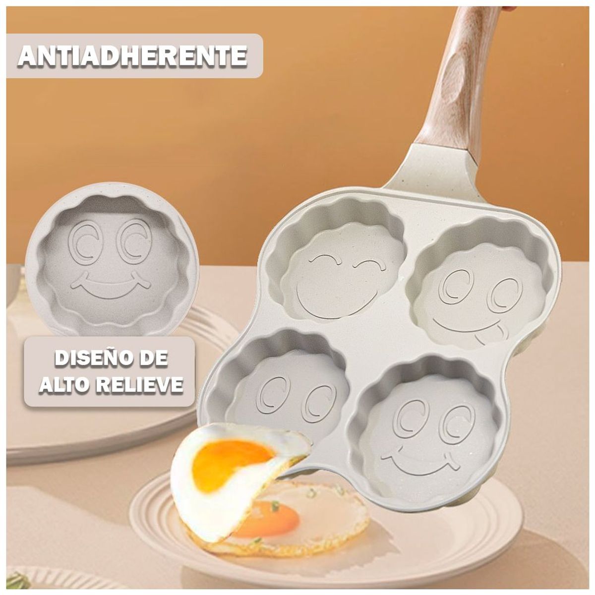 KELLER - Sartén Antiadherente 4 Divisiones con Diseños Kawaii G02 Crema