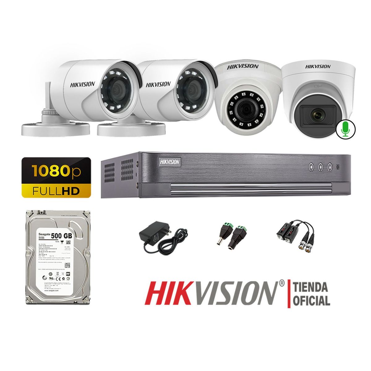 HIKVISION - Kit 4 Cámaras Seguridad 1080p 1 Cámara Micrófono Disco 500Gb