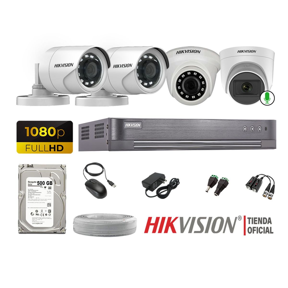 HIKVISION - Kit 4 Cámaras Seguridad FullHd 1 Cámara Micrófono Disco500Gb