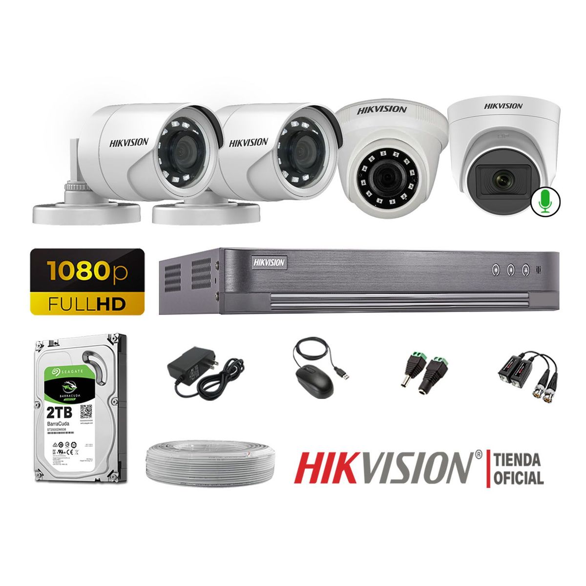 HIKVISION - Kit 4 Cámaras Seguridad 1080P 1 Cámara Micrófono Disco 2TB