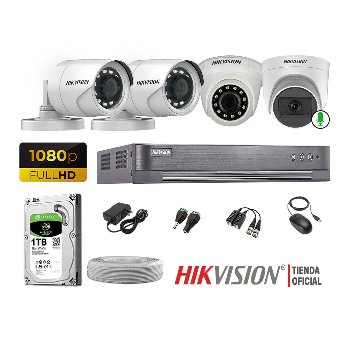 HIKVISION - Kit 4 Cámaras Seguridad Full Hd 1 Cámara Micrófono Disco 1TB