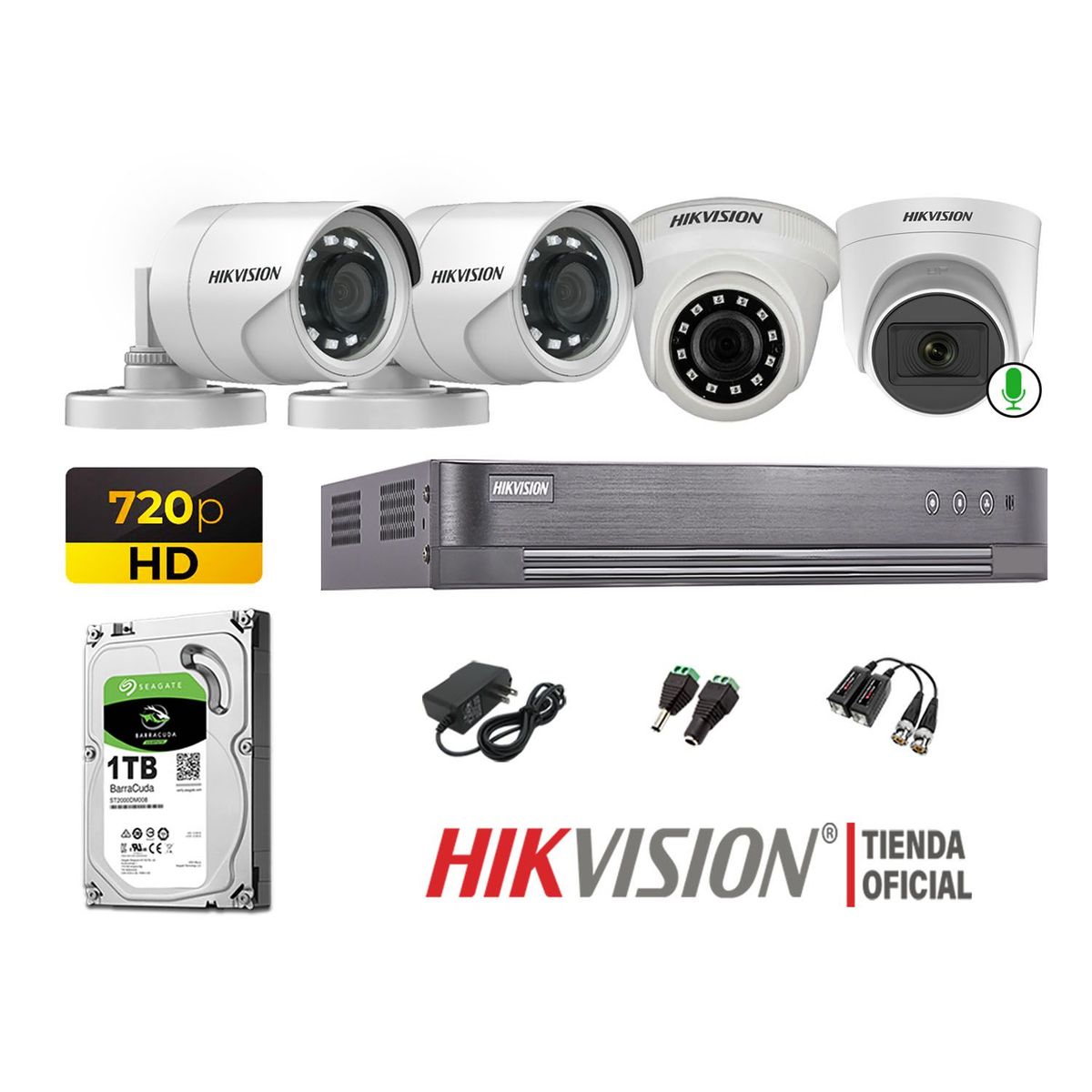 HIKVISION - Kit 4 Cámaras Seguridad 720p Hd 1 Cámara Micrófono Disco 1TB