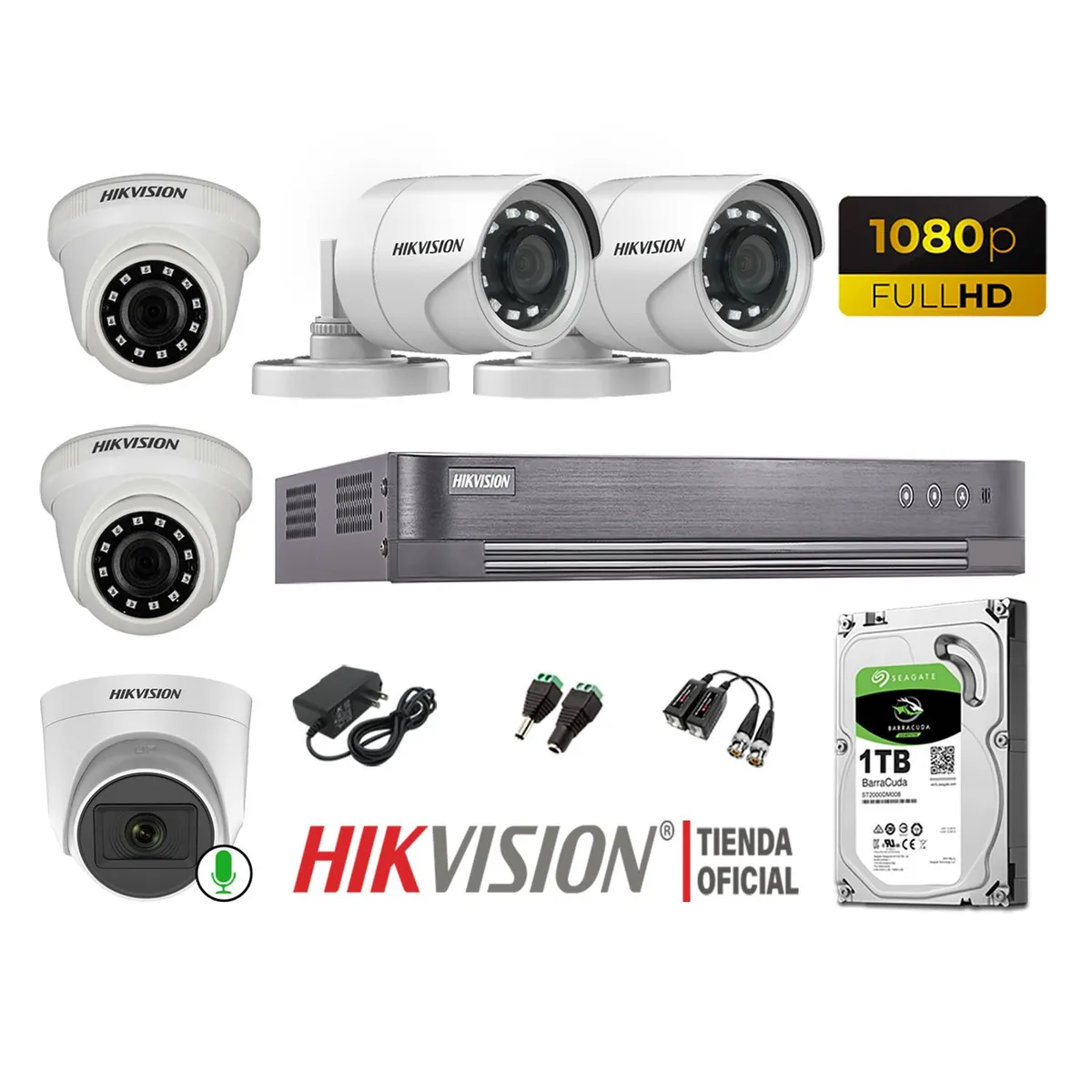 HIKVISION - Kit 5 Cámaras Seguridad Fhd 1 Cámara Micrófono Disco 1TB