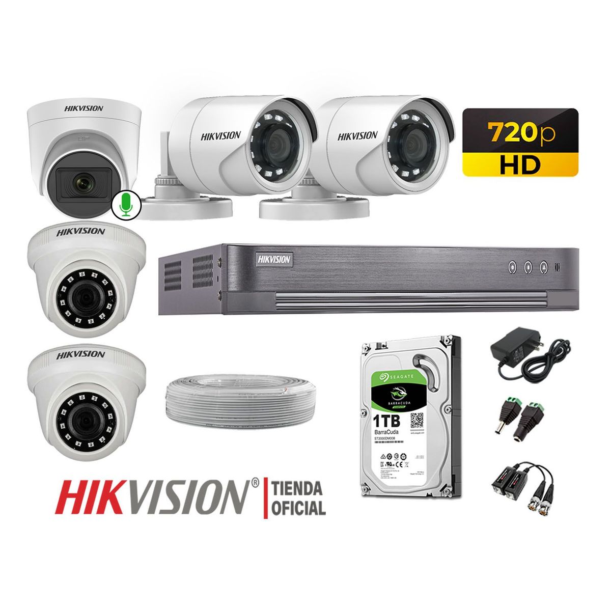 HIKVISION - Kit 5 Cámaras Seguridad Hd 720p Disco 1TB 1 Cámara Micrófono