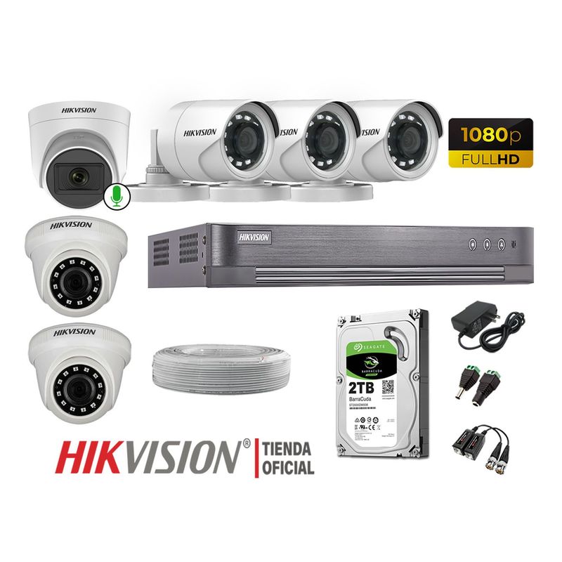 HIKVISION - Kit 6 Cámaras Seguridad Full Hd Disco 2TB 1 Cámara Micrófono