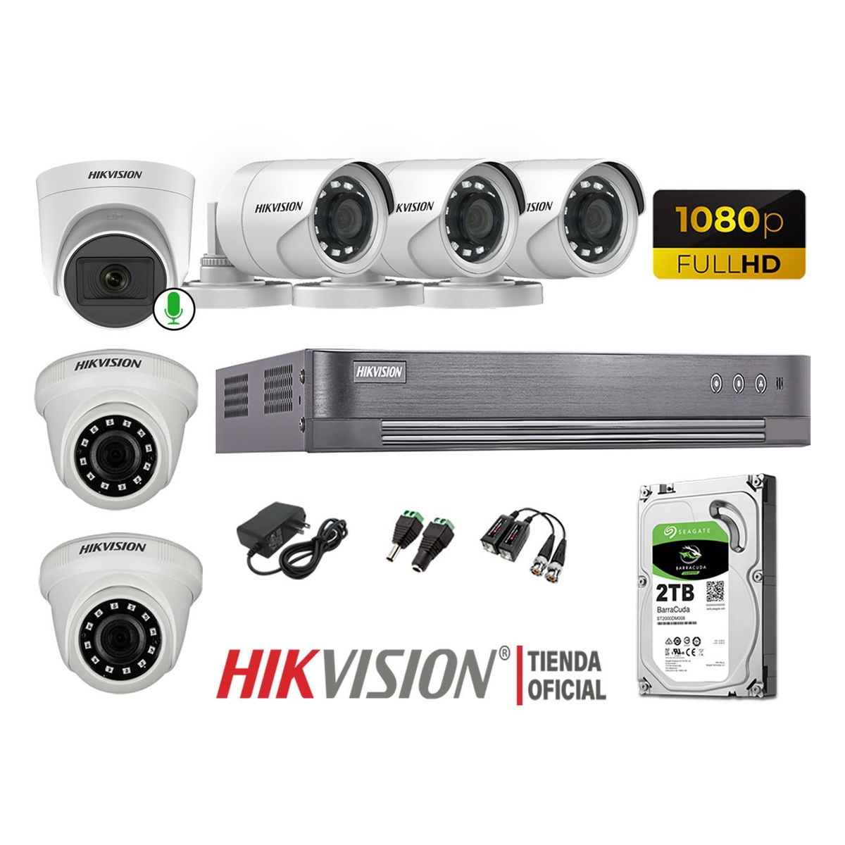 HIKVISION - Kit 6 Cámaras Seguridad Full Hd 1 Cámara Micrófono Disco 2TB