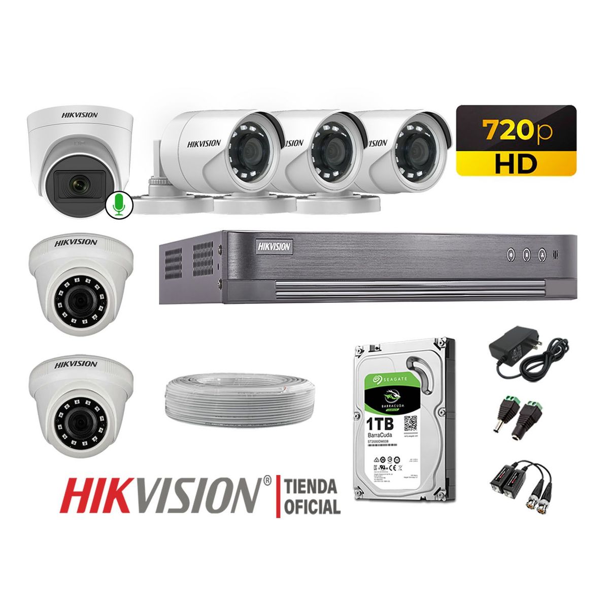 HIKVISION - Kit 6 Cámaras Seguridad Hd 720p 1 Cámara Micrófono Disco 1TB