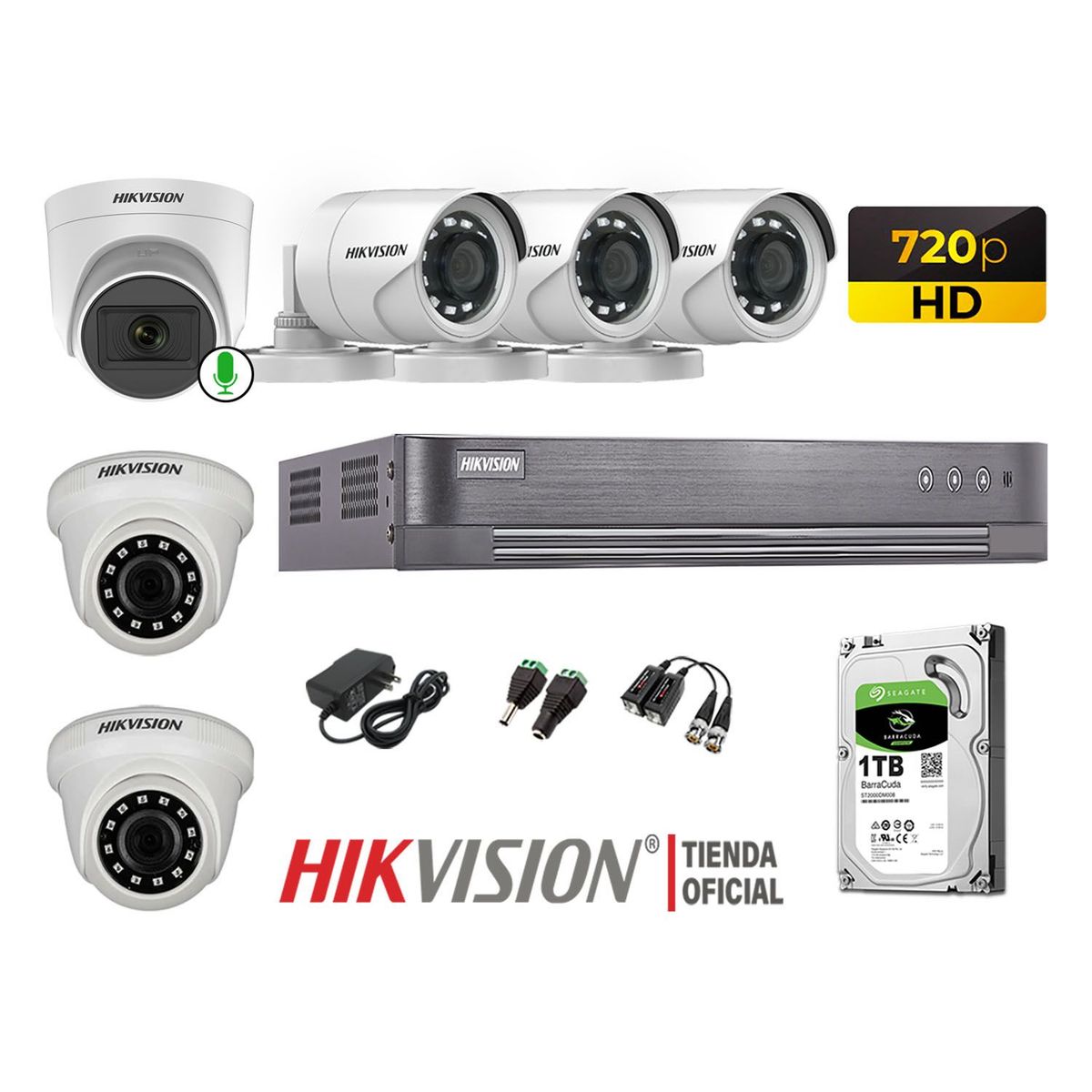 HIKVISION - Kit 6 Cámaras Seguridad Hd 720P Disco 1TB 1 Cámara Micrófono