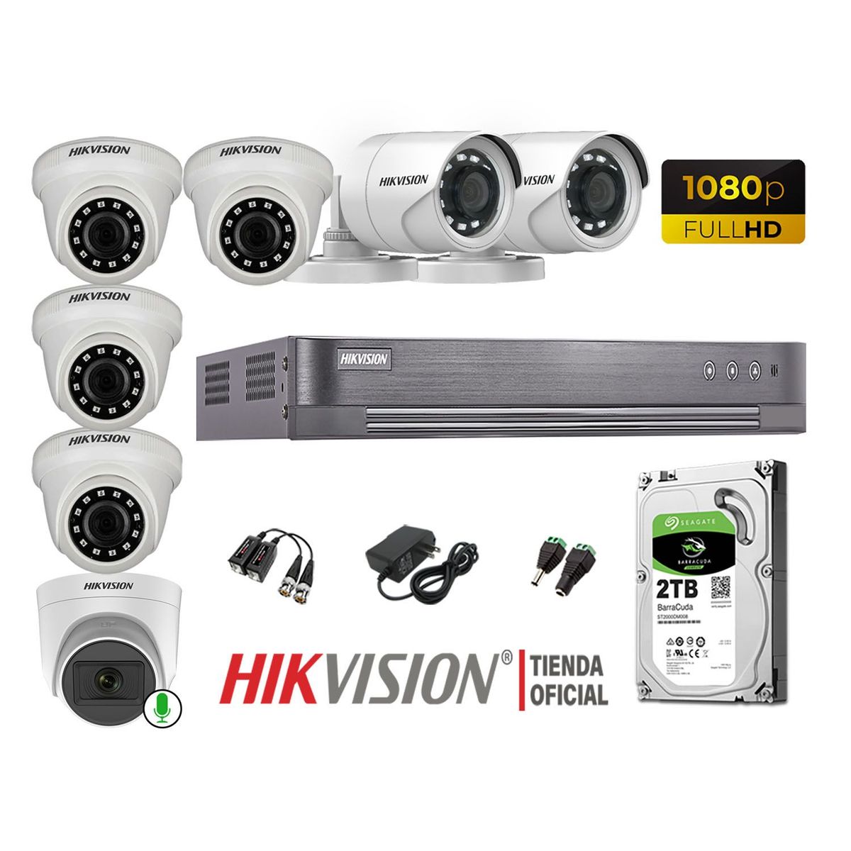 HIKVISION - Kit 7 Cámaras Seguridad Full Hd Disco 2TB 1 Cámara Micrófono