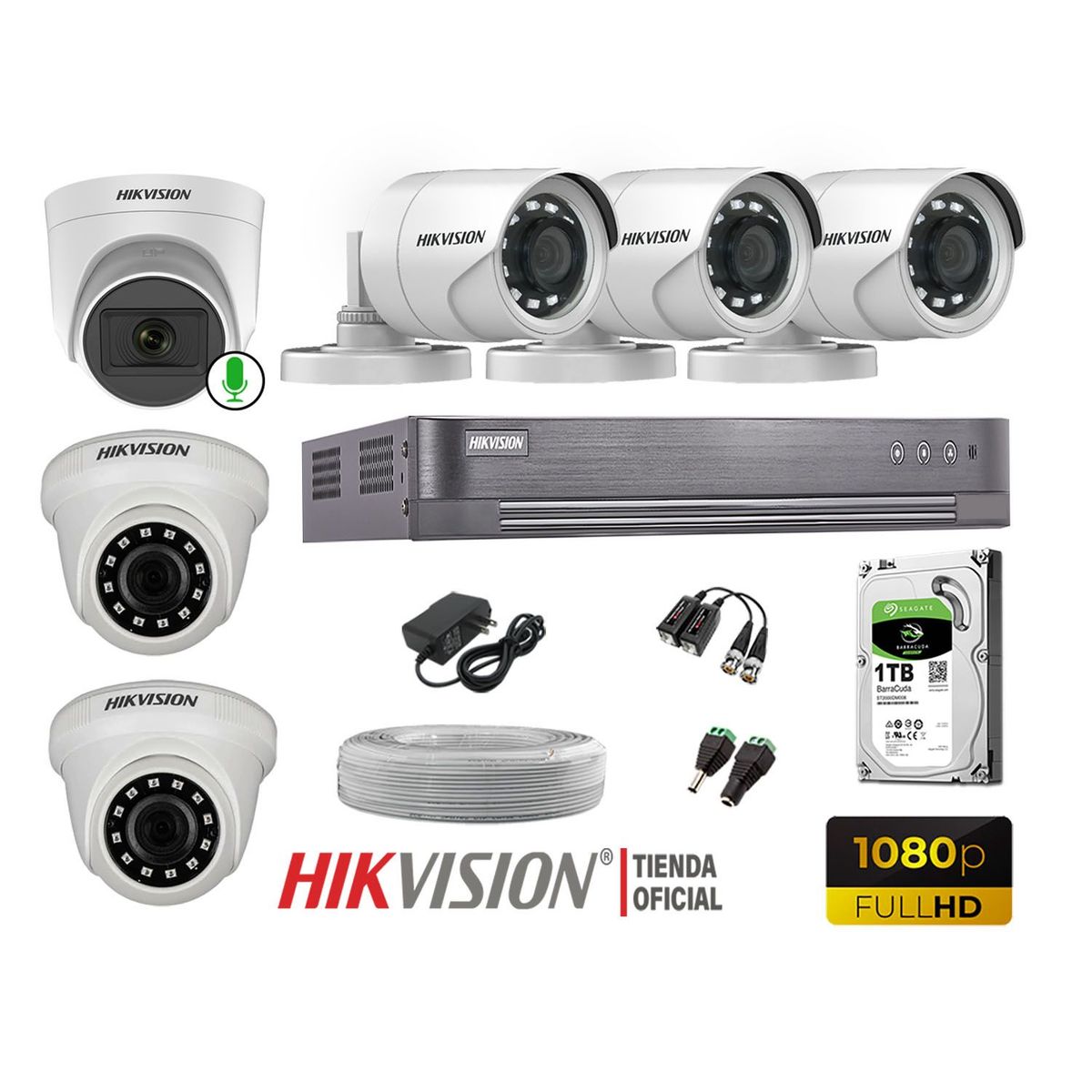 HIKVISION - Kit 6 Cámaras Seguridad 1080P Disco 2TB 1 Cámara Micrófono