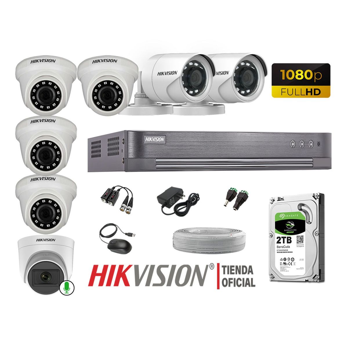 HIKVISION - Kit 7 Cámaras Seguridad Full Hd 1 Cámara Micrófono Disco 2TB