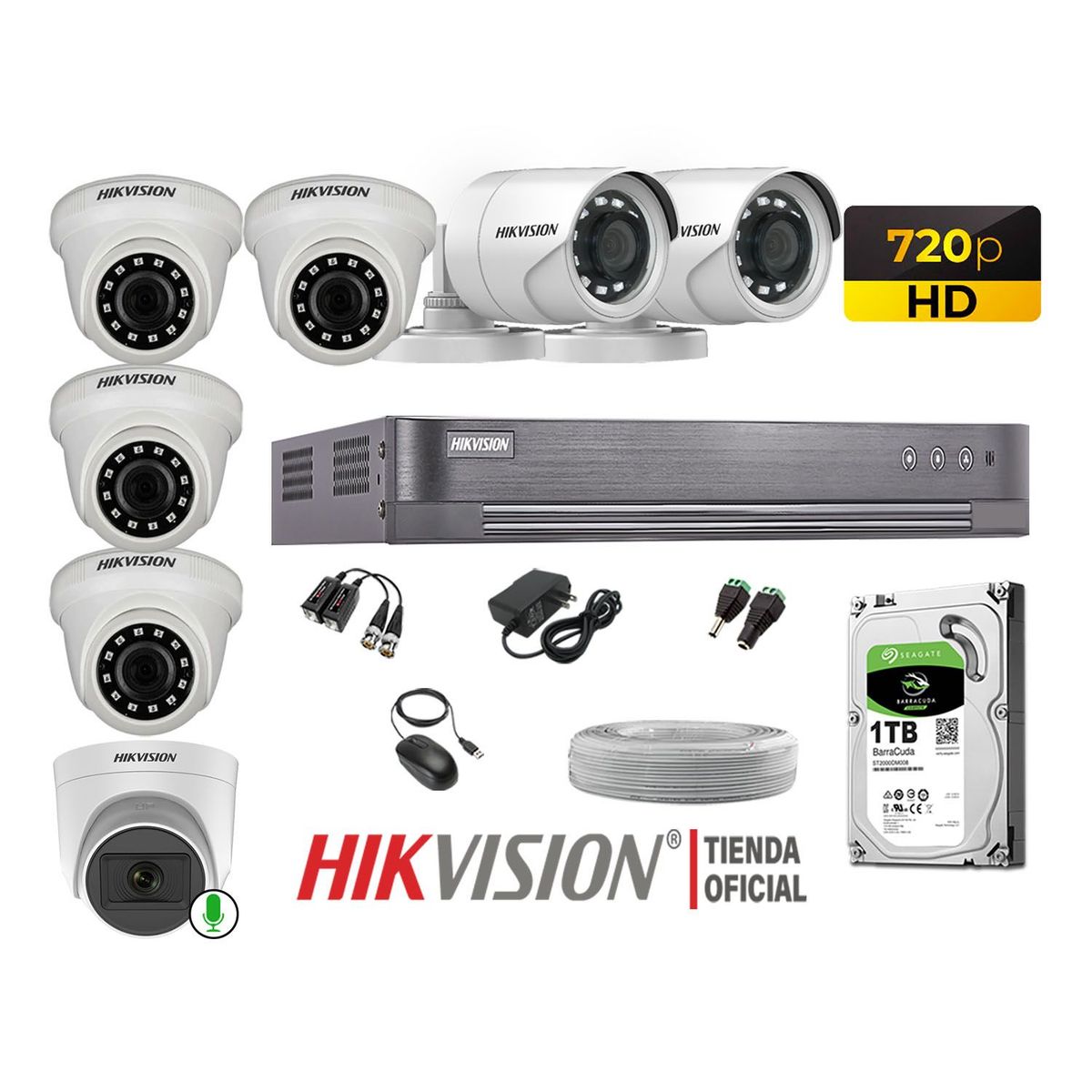 HIKVISION - Kit 7 Cámaras Seguridad Hd 720P 1 Cámara Micrófono Disco 1TB