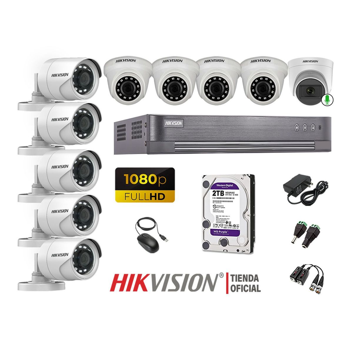 HIKVISION - Kit 10 Cámaras Seguridad Full Hd Disco 2TB 1 Cámara Micrófono