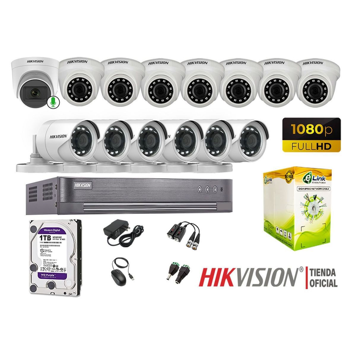HIKVISION - Kit 14 Cámaras Seguridad Full Hd 1 Cámara Micrófono Disco 1TB