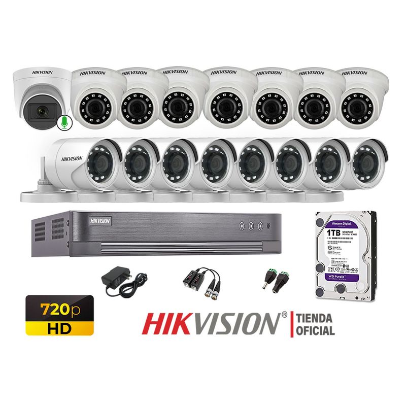 HIKVISION - Kit 16 Cámaras Seguridad Hd 1 Cámara Micrófono Disco 1TB