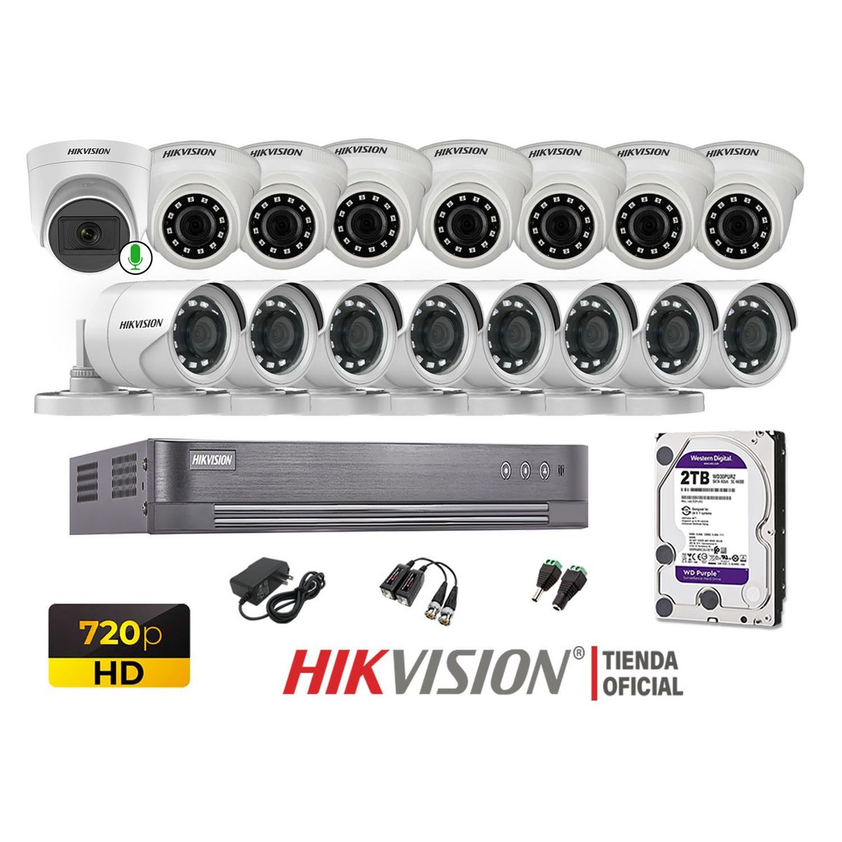 HIKVISION - Kit 16 Cámaras Seguridad  Hd 1 Cámara Micrófono Disco 2TB