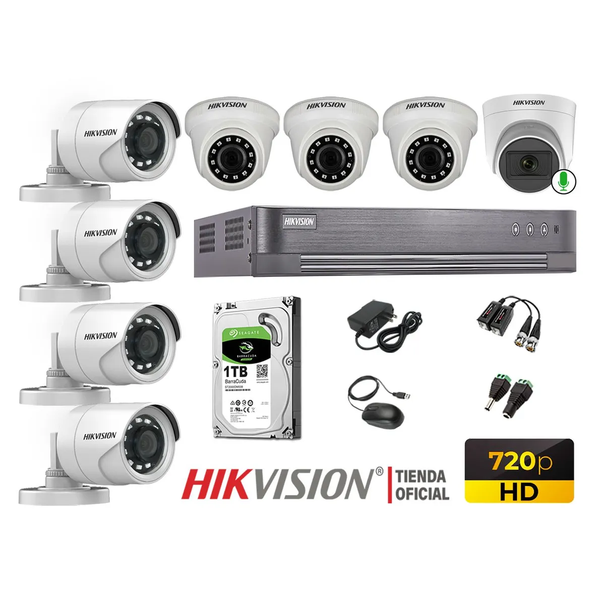 HIKVISION - Kit 8 Cámaras Seguridad Hd 720P Disco 1TB 1 Cámara Micrófono